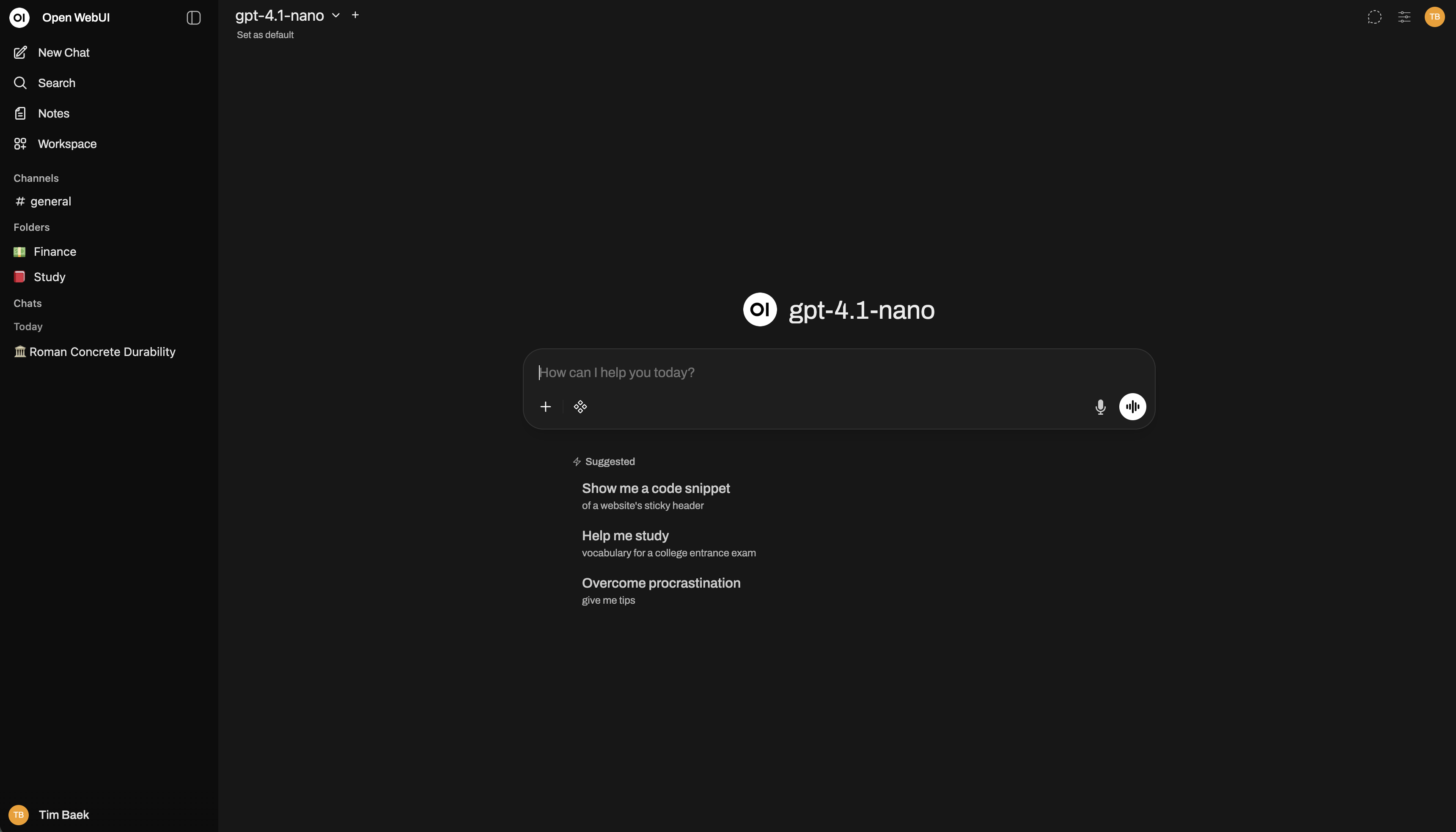 Screenshot of the Open WebUI chat interface: a sidebar listing chats, notes, and folders, with the main panel open on a model selector and message composer.